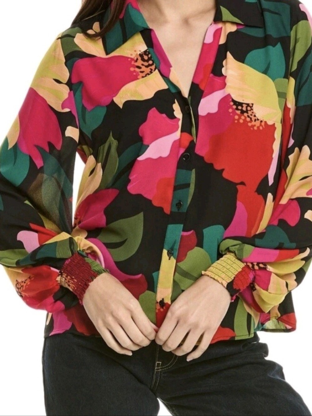 CAbi The Flora Button Front Blouse Light Weight Poly Beautiful! Women's Sm Pre-o